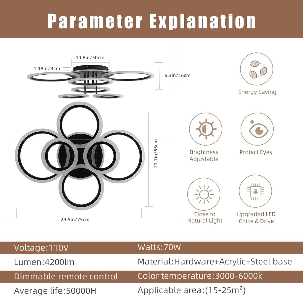Modern LED Ceiling Light,Dimmable Ceiling Lights for Bedroom,70W Flush Mount Ceiling Light,6 Rings Lighting Fixture LED Ceiling Lamp for Kitchen,Living Room,Laundry Room,3000-6000K,Black - Grand Goldman