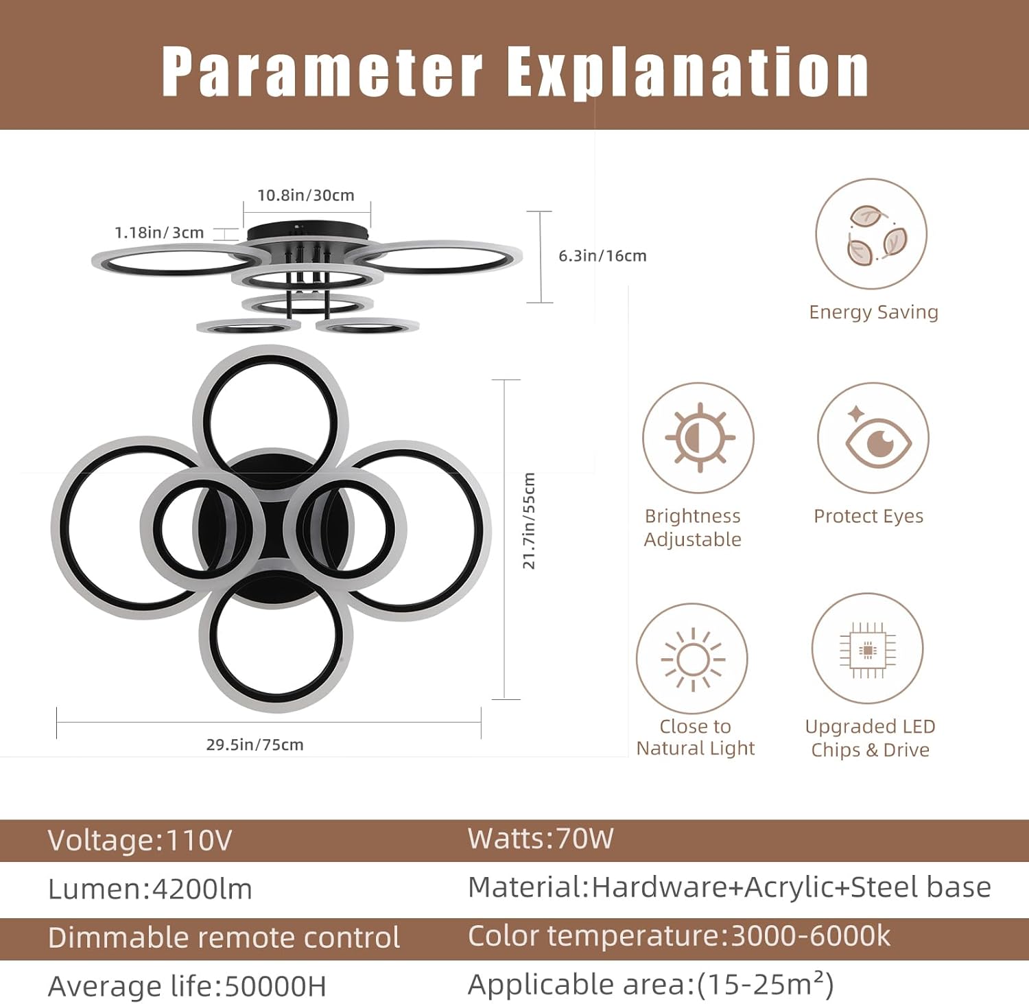 Modern LED Ceiling Light,Dimmable Ceiling Lights for Bedroom,70W Flush Mount Ceiling Light,6 Rings Lighting Fixture LED Ceiling Lamp for Kitchen,Living Room,Laundry Room,3000-6000K,Black - Grand Goldman