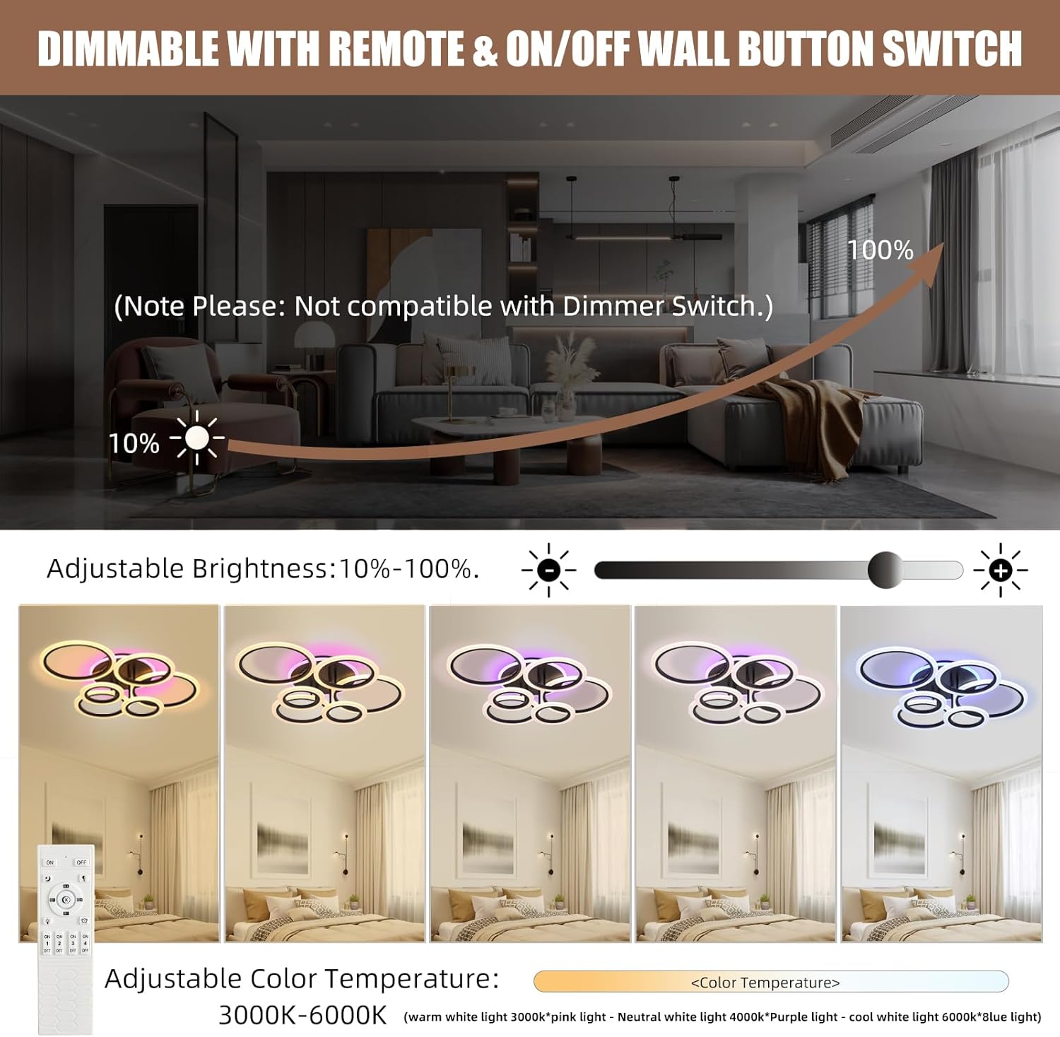 Modern LED Ceiling Light,Dimmable Ceiling Lights for Bedroom,70W Flush Mount Ceiling Light,6 Rings Lighting Fixture LED Ceiling Lamp for Kitchen,Living Room,Laundry Room,3000-6000K,Black - Grand Goldman