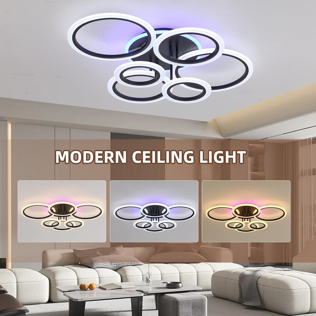 Modern LED Ceiling Light,Dimmable Ceiling Lights for Bedroom,70W Flush Mount Ceiling Light,6 Rings Lighting Fixture LED Ceiling Lamp for Kitchen,Living Room,Laundry Room,3000-6000K,Black - Grand Goldman