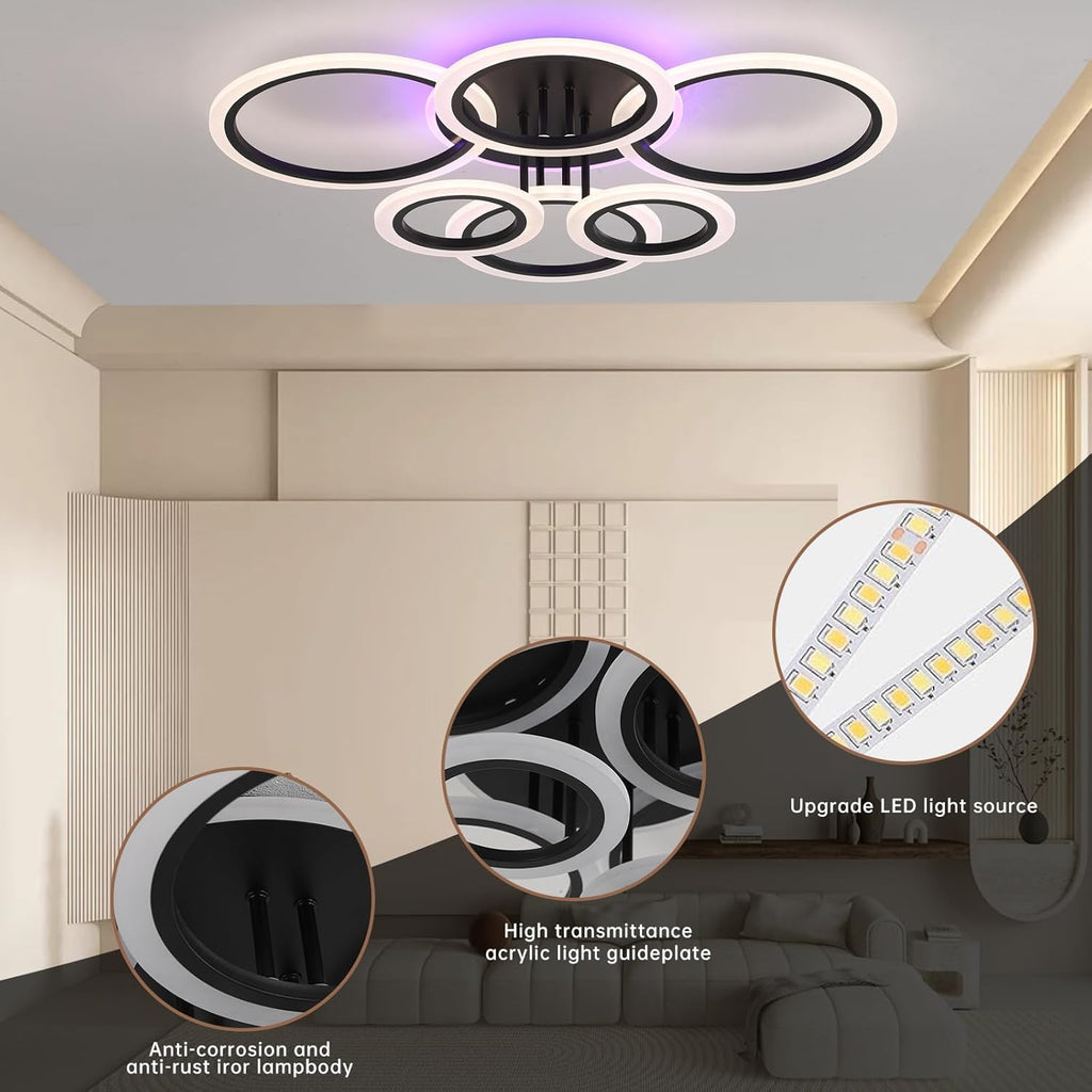 Modern LED Ceiling Light,Dimmable Ceiling Lights for Bedroom,70W Flush Mount Ceiling Light,6 Rings Lighting Fixture LED Ceiling Lamp for Kitchen,Living Room,Laundry Room,3000-6000K,Black - Grand Goldman