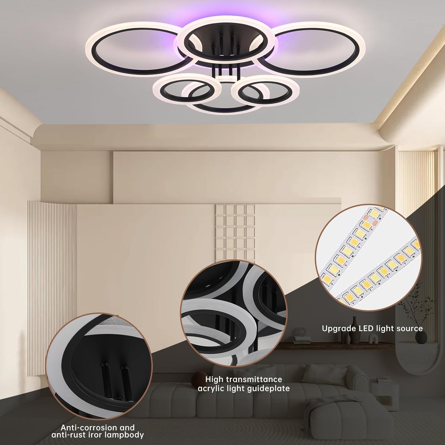 Modern LED Ceiling Light,Dimmable Ceiling Lights for Bedroom,70W Flush Mount Ceiling Light,6 Rings Lighting Fixture LED Ceiling Lamp for Kitchen,Living Room,Laundry Room,3000-6000K,Black - Grand Goldman