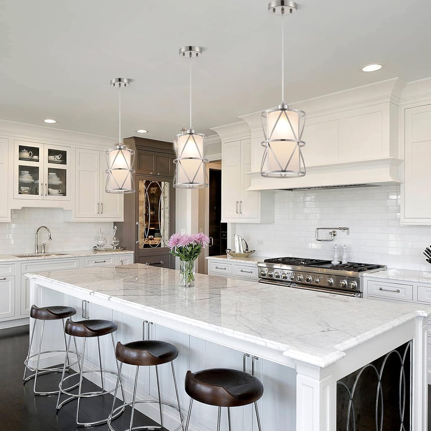 Modern Pendant Light with Frosted Glass, Brushed Nickel Hanging Kitchen Lights, Cylindrical Pendant Lights Kitchen Island, Kitchen Pendant Lighting Over Island, Foyer, Dining Room, Entryway - Grand Goldman