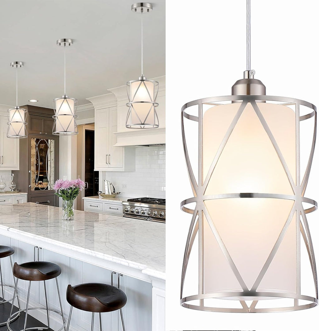 Modern Pendant Light with Frosted Glass, Brushed Nickel Hanging Kitchen Lights, Cylindrical Pendant Lights Kitchen Island, Kitchen Pendant Lighting Over Island, Foyer, Dining Room, Entryway - Grand Goldman