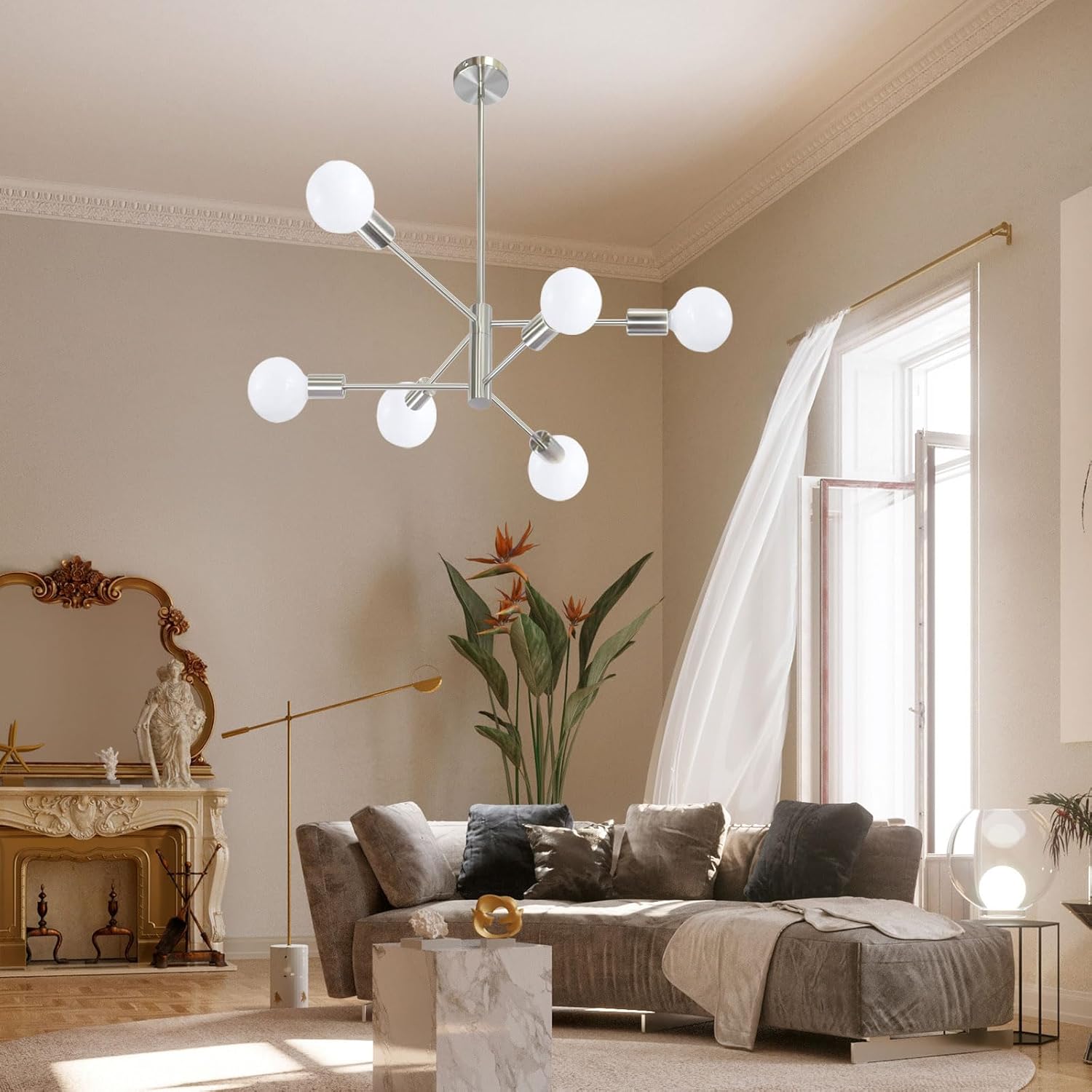 Modern Sputnik Chandelier, 6-Light Ceiling Light Fixture, Bedroom Light Fixture, Sputnik Lights Fixture for Living Room, Dining Room, Kitchen, Office, Foyer, Hallway (Brushed Nickel) - E26 Base - Grand Goldman