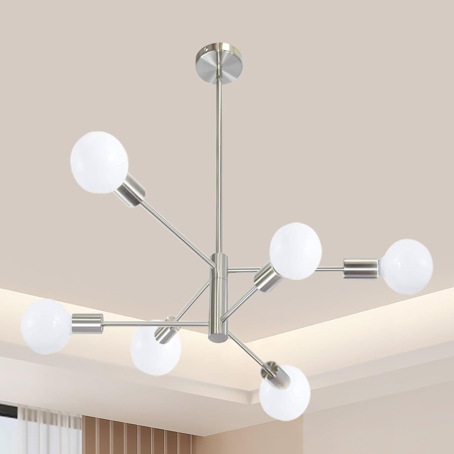 Modern Sputnik Chandelier, 6-Light Ceiling Light Fixture, Bedroom Light Fixture, Sputnik Lights Fixture for Living Room, Dining Room, Kitchen, Office, Foyer, Hallway (Brushed Nickel) - E26 Base - Grand Goldman