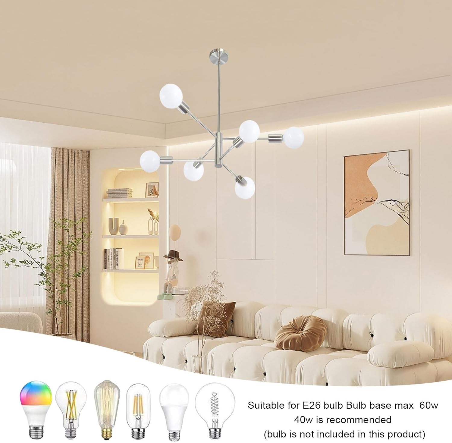 Modern Sputnik Chandelier, 6-Light Ceiling Light Fixture, Bedroom Light Fixture, Sputnik Lights Fixture for Living Room, Dining Room, Kitchen, Office, Foyer, Hallway (Brushed Nickel) - E26 Base - Grand Goldman