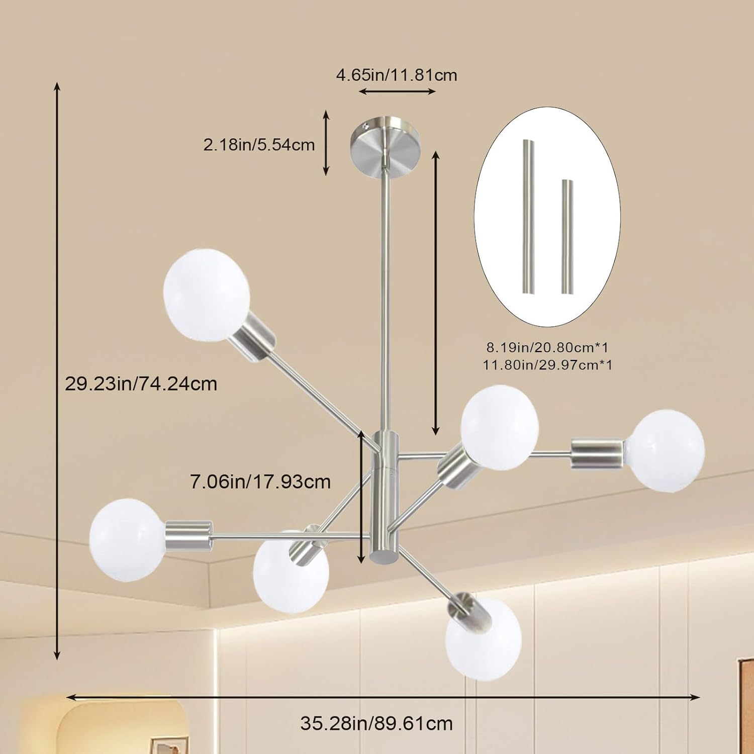 Modern Sputnik Chandelier, 6-Light Ceiling Light Fixture, Bedroom Light Fixture, Sputnik Lights Fixture for Living Room, Dining Room, Kitchen, Office, Foyer, Hallway (Brushed Nickel) - E26 Base - Grand Goldman