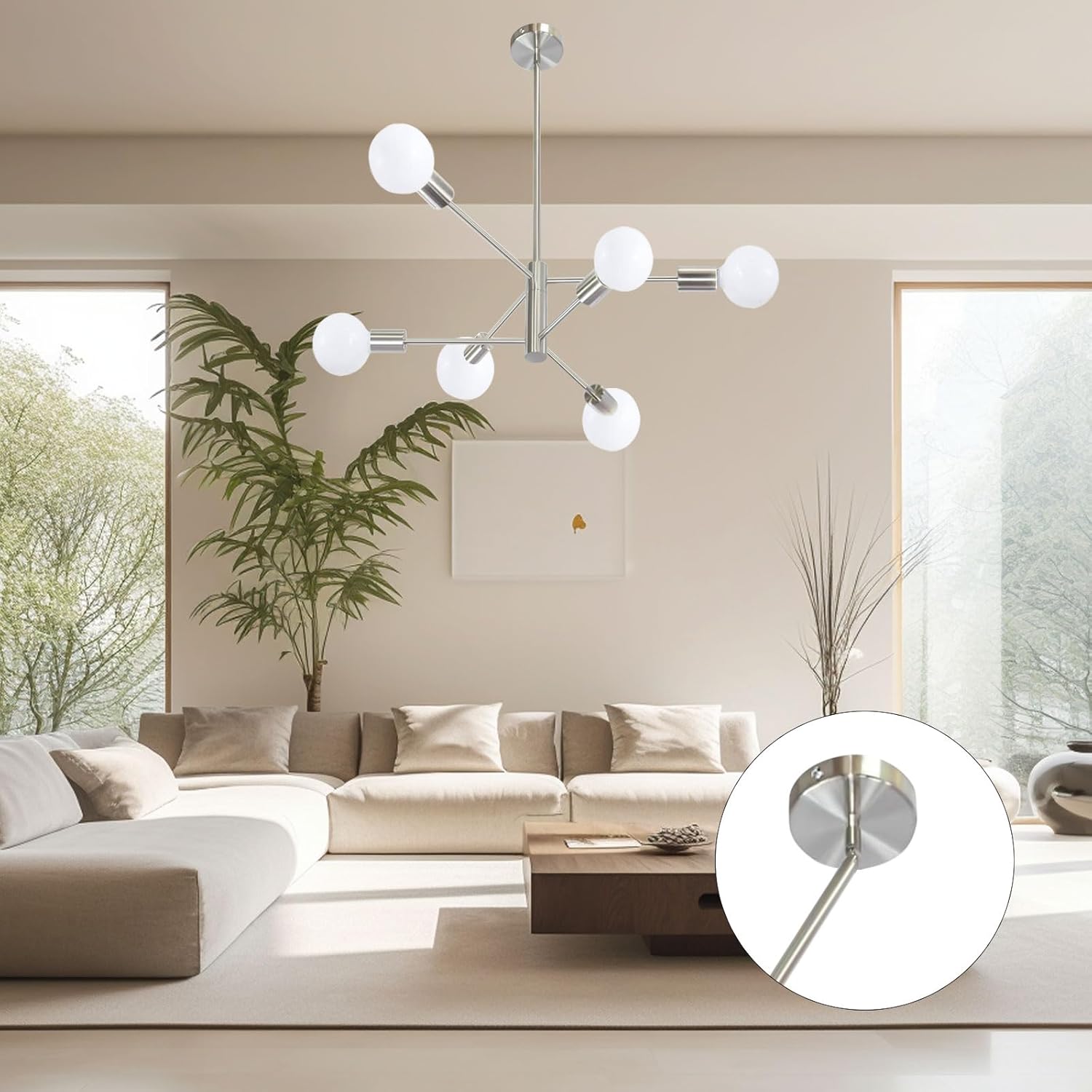 Modern Sputnik Chandelier, 6-Light Ceiling Light Fixture, Bedroom Light Fixture, Sputnik Lights Fixture for Living Room, Dining Room, Kitchen, Office, Foyer, Hallway (Brushed Nickel) - E26 Base - Grand Goldman