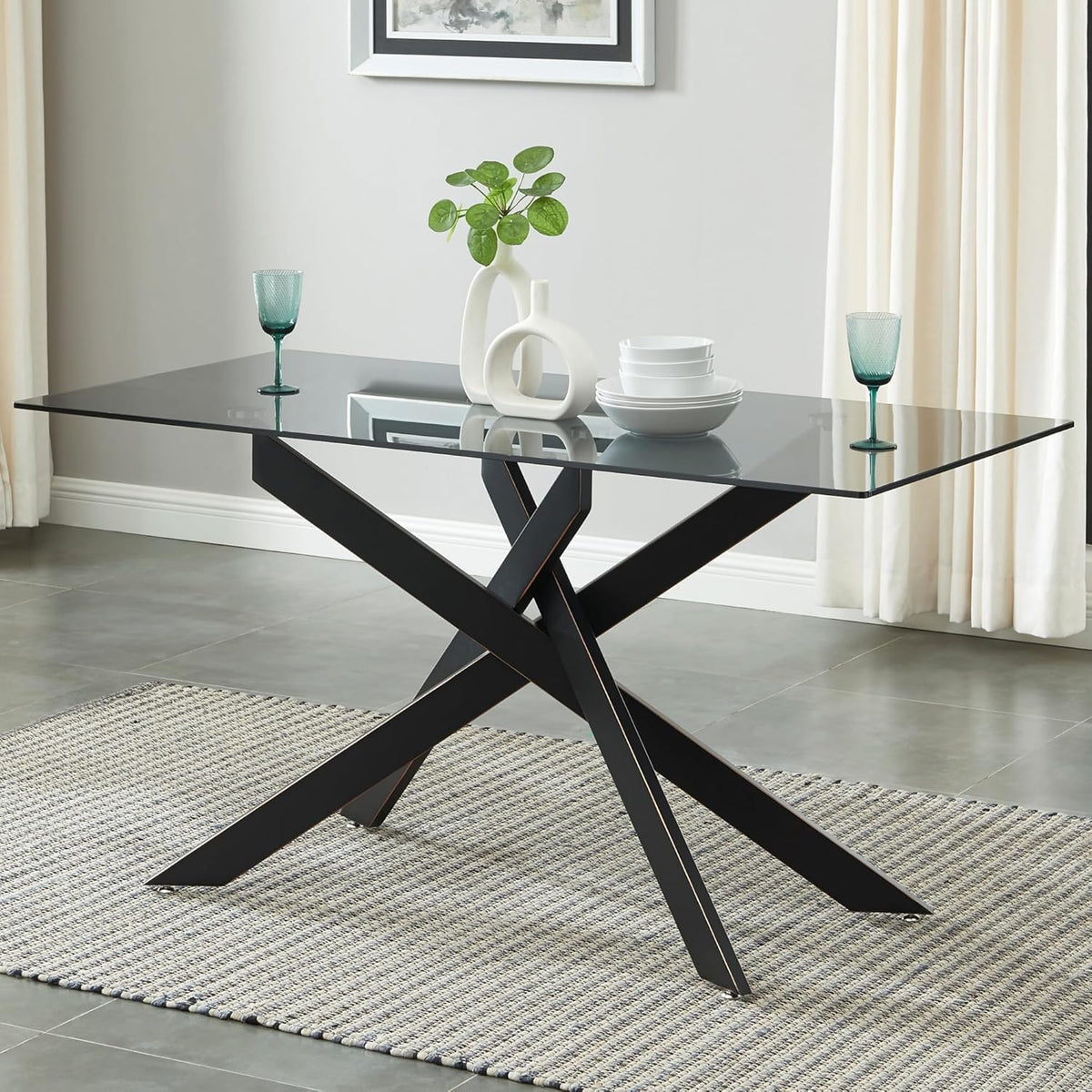 Modern Style Dining Table with Tempered Glass Top and Metal Tubular Legs, 58.5”Lx29”Wx30”H, Black - Grand Goldman