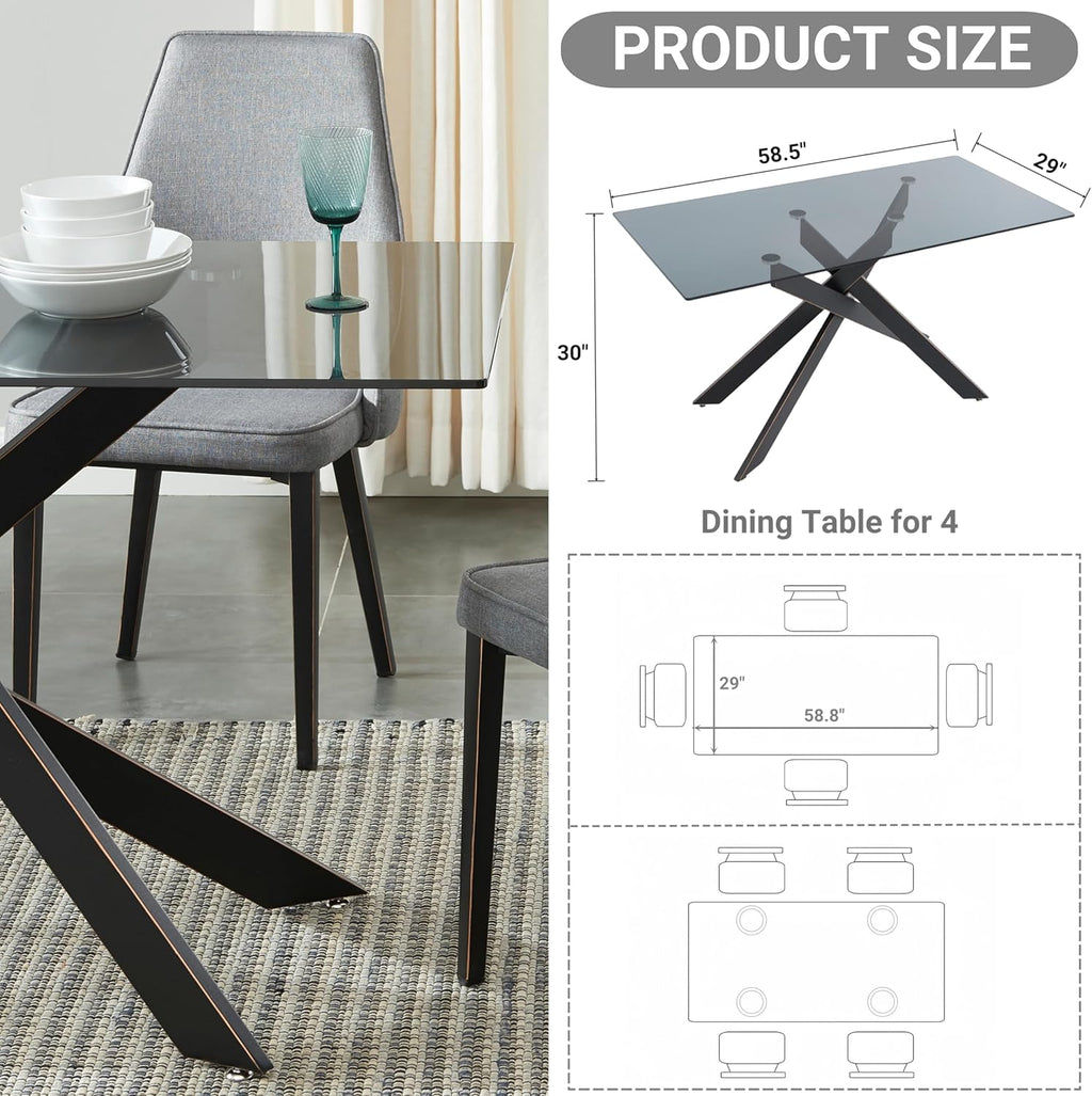 Modern Style Dining Table with Tempered Glass Top and Metal Tubular Legs, 58.5”Lx29”Wx30”H, Black - Grand Goldman