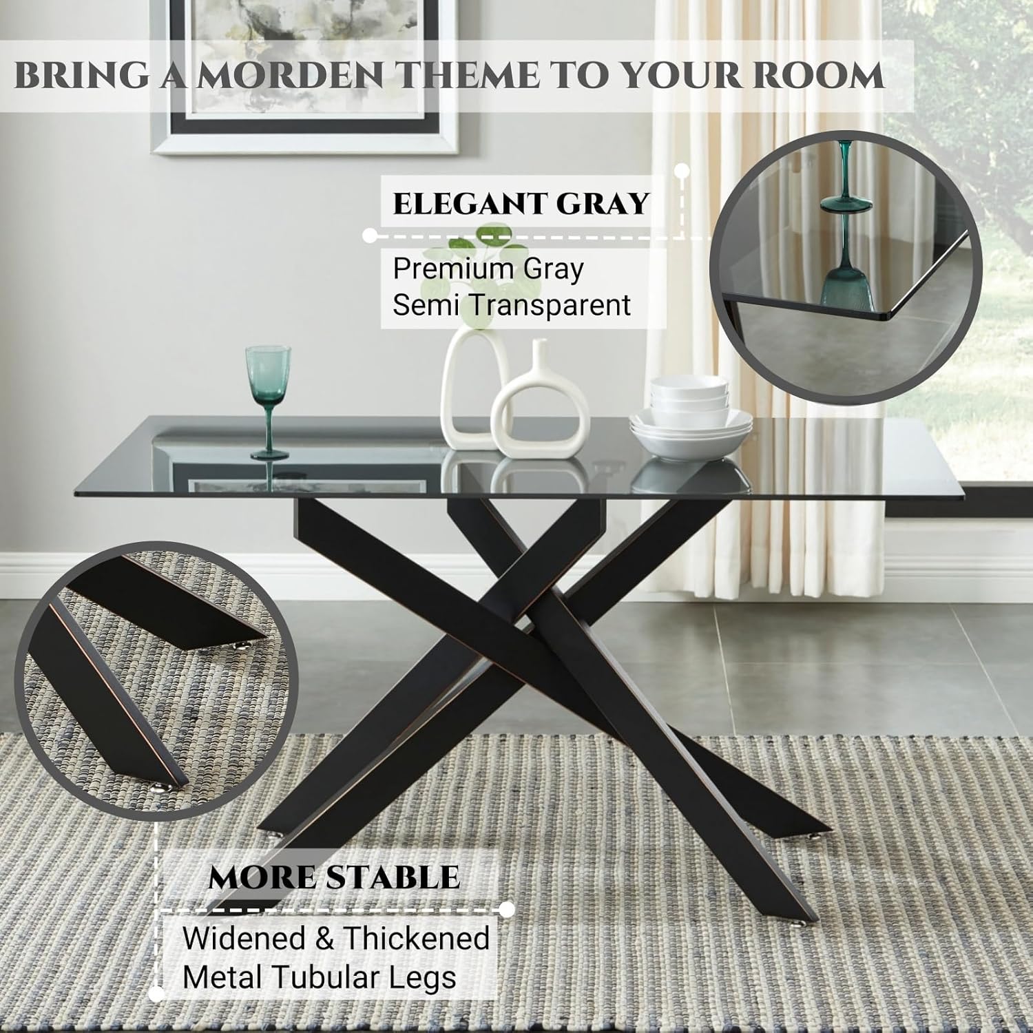 Modern Style Dining Table with Tempered Glass Top and Metal Tubular Legs, 58.5”Lx29”Wx30”H, Black - Grand Goldman