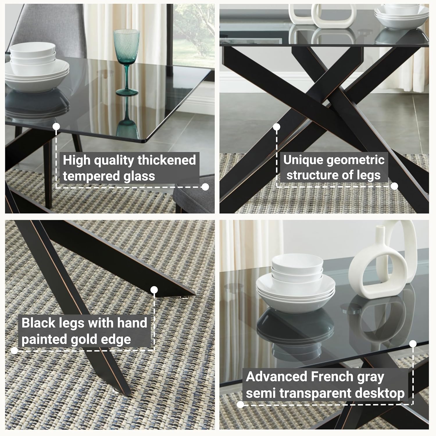 Modern Style Dining Table with Tempered Glass Top and Metal Tubular Legs, 58.5”Lx29”Wx30”H, Black - Grand Goldman