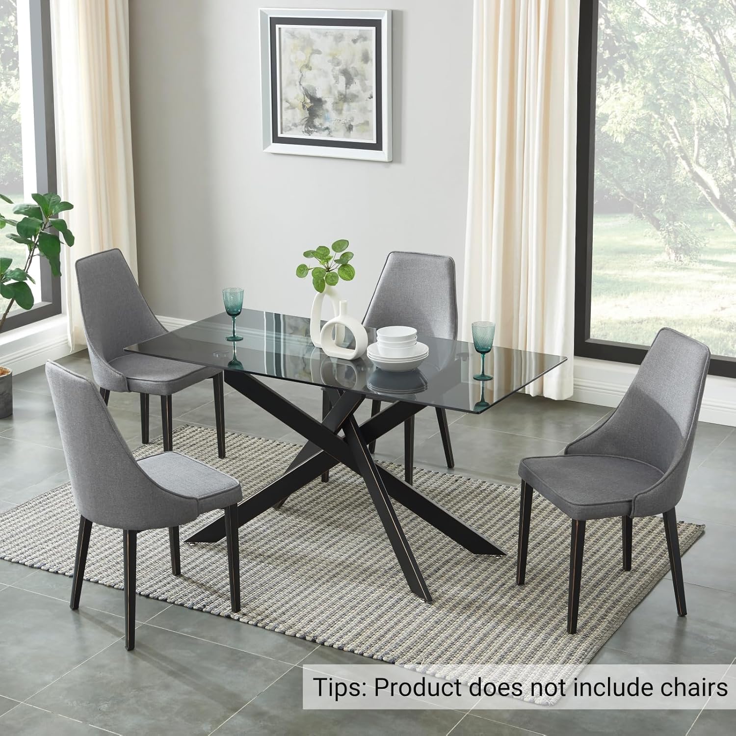 Modern Style Dining Table with Tempered Glass Top and Metal Tubular Legs, 58.5”Lx29”Wx30”H, Black - Grand Goldman