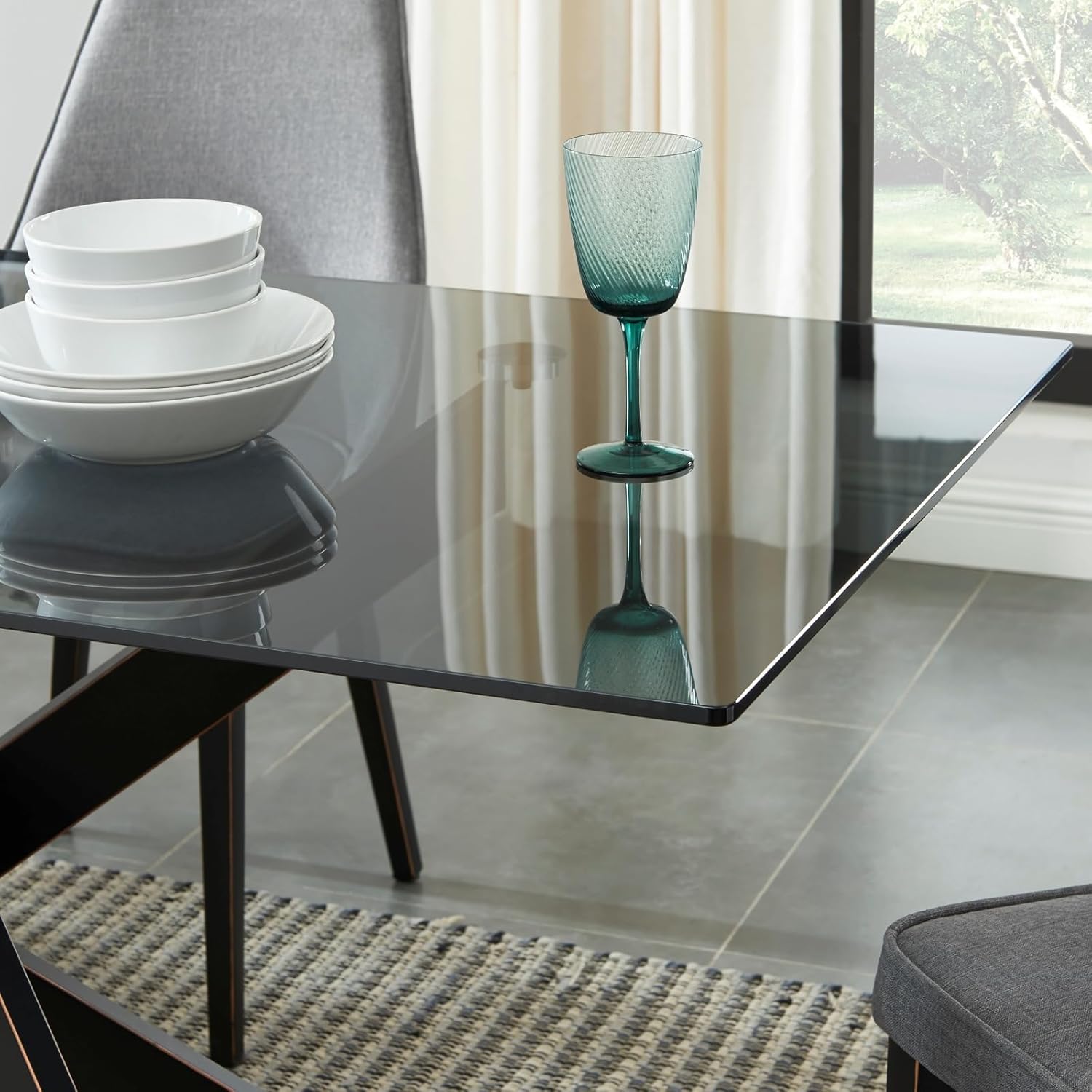 Modern Style Dining Table with Tempered Glass Top and Metal Tubular Legs, 58.5”Lx29”Wx30”H, Black - Grand Goldman