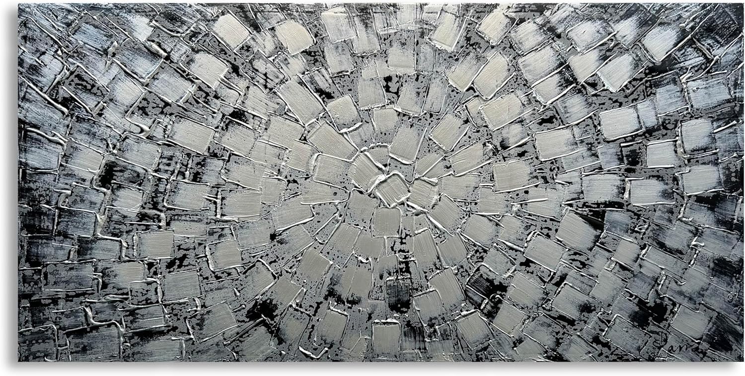 MyArton Textured Abstract Squares Canvas Wall Art Hand Painted Modern Dark Blue Oil Painting for Decoration Ready to Hang 48x24inch - Grand Goldman