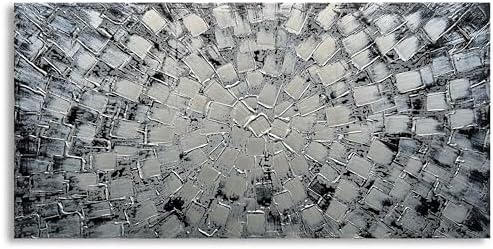 MyArton Textured Abstract Squares Canvas Wall Art Hand Painted Modern Dark Blue Oil Painting for Decoration Ready to Hang 48x24inch - Grand Goldman