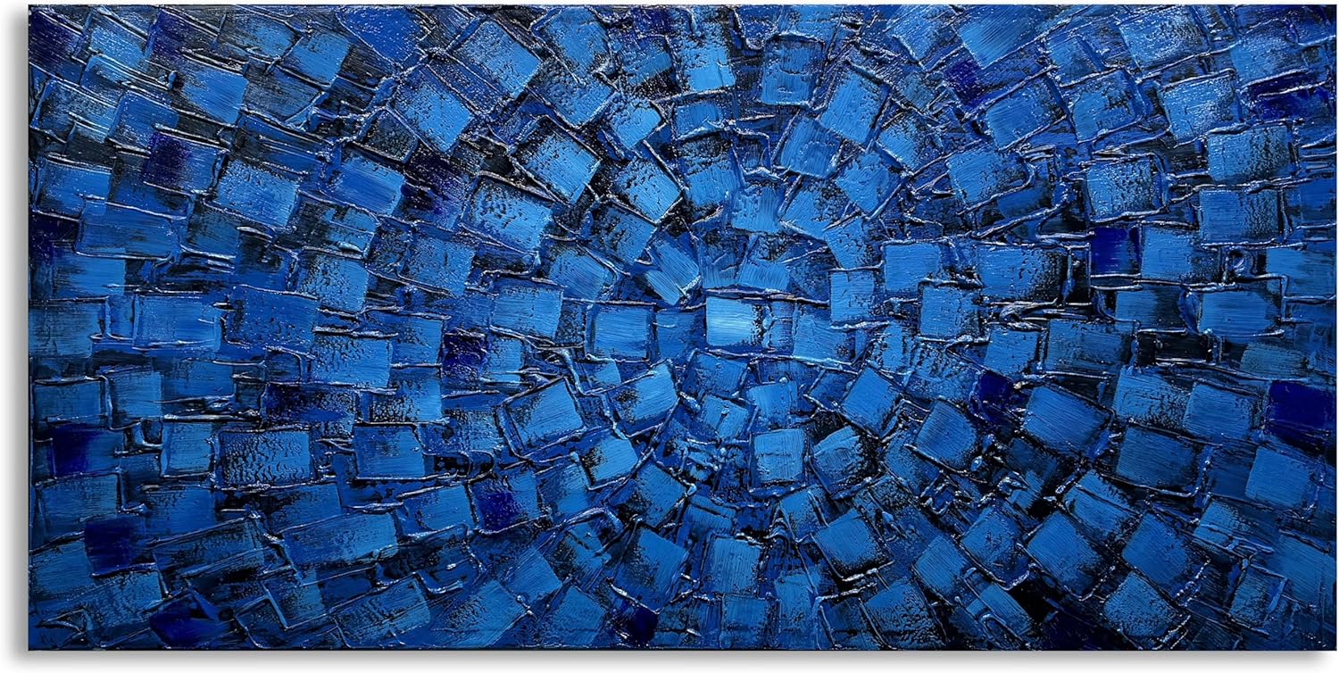 MyArton Textured Abstract Squares Canvas Wall Art Hand Painted Modern Dark Blue Oil Painting for Decoration Ready to Hang 48x24inch - Grand Goldman