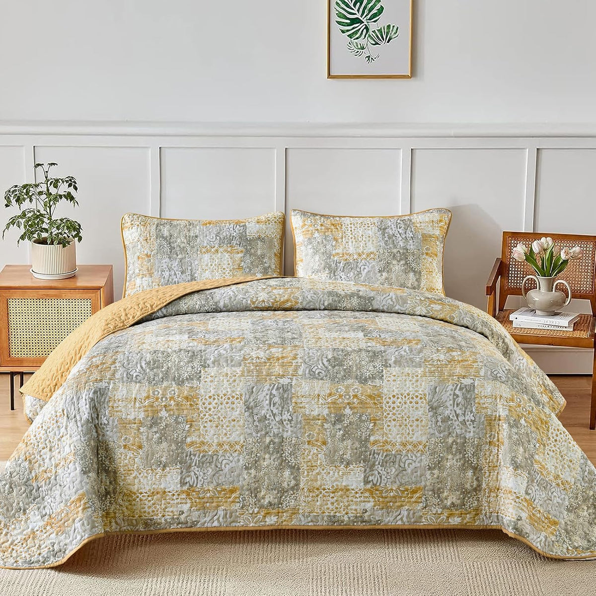 Mybedsoul Blue Boho Quilt Set King Size,3 Pieces Plaid Floral Bedspread Coverlet Set for All Season,Patchwork Reversible Bedding Set King 90"x104" - Grand Goldman