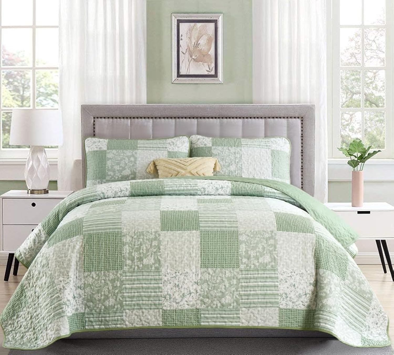 Mybedsoul Blue Boho Quilt Set King Size,3 Pieces Plaid Floral Bedspread Coverlet Set for All Season,Patchwork Reversible Bedding Set King 90"x104" - Grand Goldman