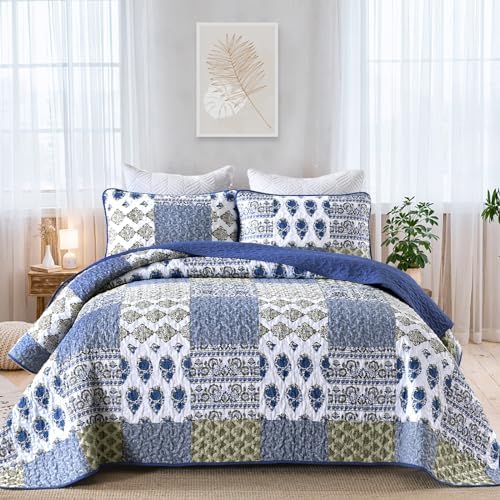 Mybedsoul Blue Boho Quilt Set King Size,3 Pieces Plaid Floral Bedspread Coverlet Set for All Season,Patchwork Reversible Bedding Set King 90"x104" - Grand Goldman