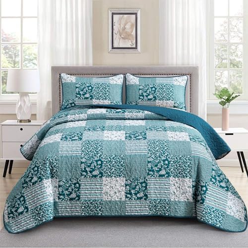 Mybedsoul Blue Boho Quilt Set King Size,3 Pieces Plaid Floral Bedspread Coverlet Set for All Season,Patchwork Reversible Bedding Set King 90"x104" - Grand Goldman