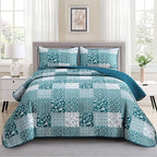 Mybedsoul Blue Boho Quilt Set King Size,3 Pieces Plaid Floral Bedspread Coverlet Set for All Season,Patchwork Reversible Bedding Set King 90"x104" - Grand Goldman