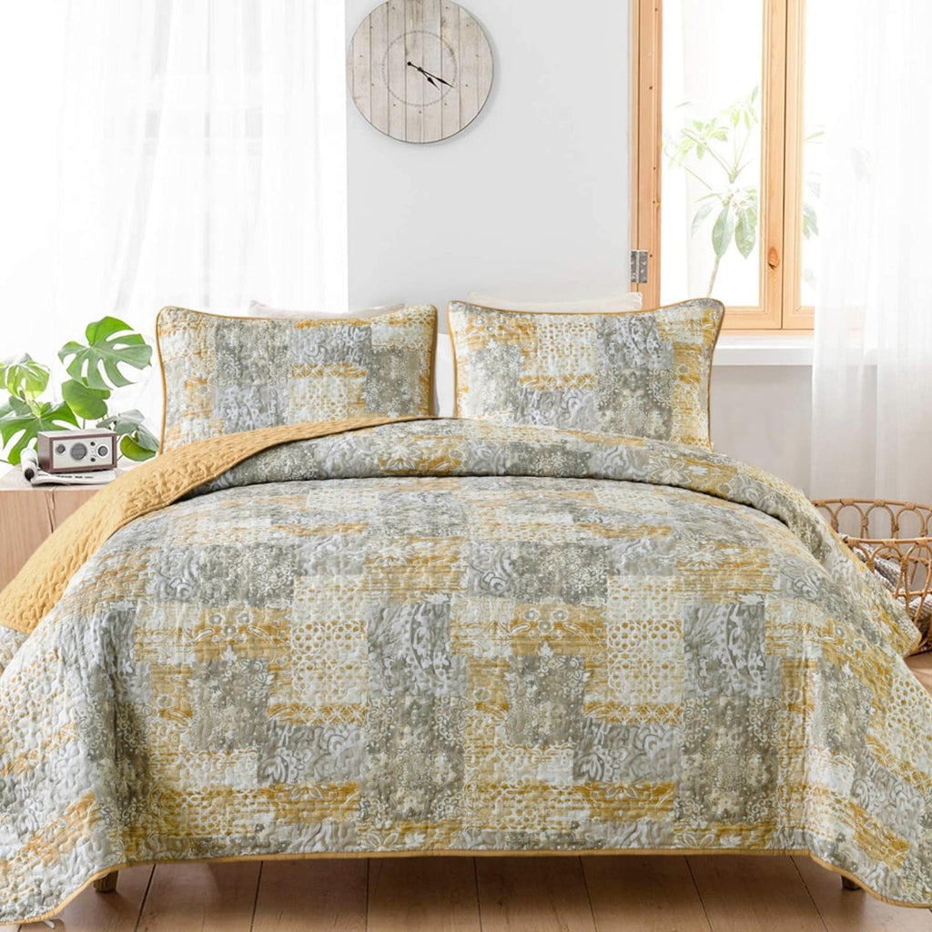 Mybedsoul Blue Boho Quilt Set King Size,3 Pieces Plaid Floral Bedspread Coverlet Set for All Season,Patchwork Reversible Bedding Set King 90"x104" - Grand Goldman