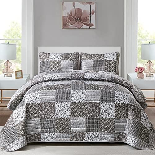 Mybedsoul Blue Boho Quilt Set King Size,3 Pieces Plaid Floral Bedspread Coverlet Set for All Season,Patchwork Reversible Bedding Set King 90"x104" - Grand Goldman