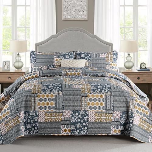 Mybedsoul Blue Boho Quilt Set King Size,3 Pieces Plaid Floral Bedspread Coverlet Set for All Season,Patchwork Reversible Bedding Set King 90"x104" - Grand Goldman