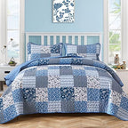 Mybedsoul Blue Boho Quilt Set King Size,3 Pieces Plaid Floral Bedspread Coverlet Set for All Season,Patchwork Reversible Bedding Set King 90"x104" - Grand Goldman