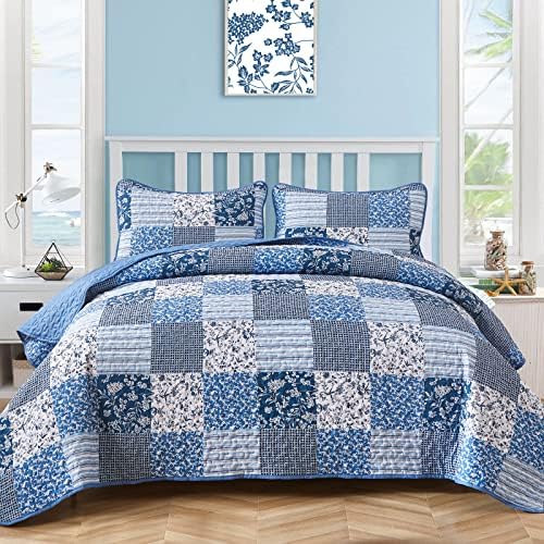 Mybedsoul Blue Boho Quilt Set King Size,3 Pieces Plaid Floral Bedspread Coverlet Set for All Season,Patchwork Reversible Bedding Set King 90"x104" - Grand Goldman
