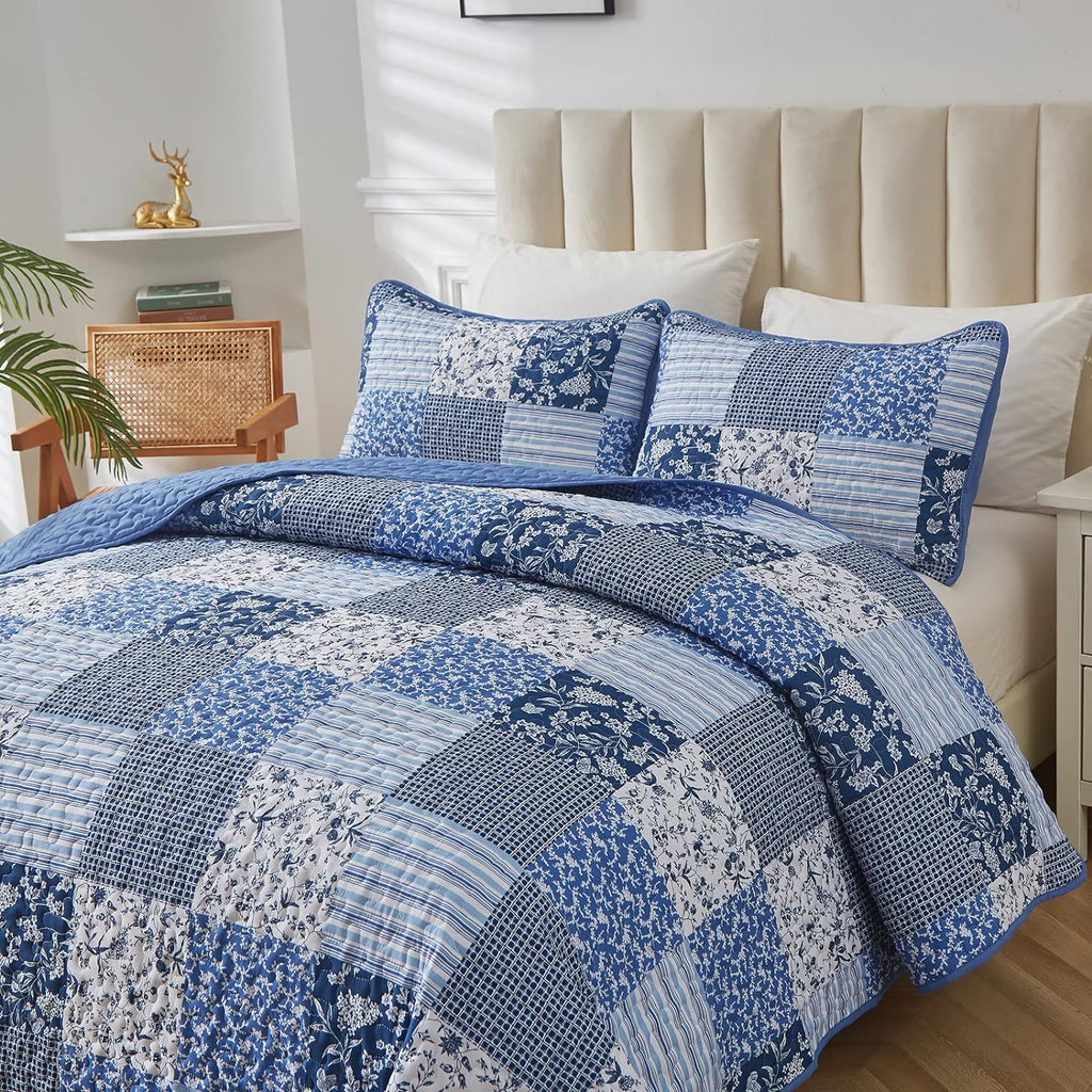 Mybedsoul Blue Boho Quilt Set King Size,3 Pieces Plaid Floral Bedspread Coverlet Set for All Season,Patchwork Reversible Bedding Set King 90"x104" - Grand Goldman