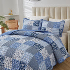 Mybedsoul Blue Boho Quilt Set King Size,3 Pieces Plaid Floral Bedspread Coverlet Set for All Season,Patchwork Reversible Bedding Set King 90"x104" - Grand Goldman