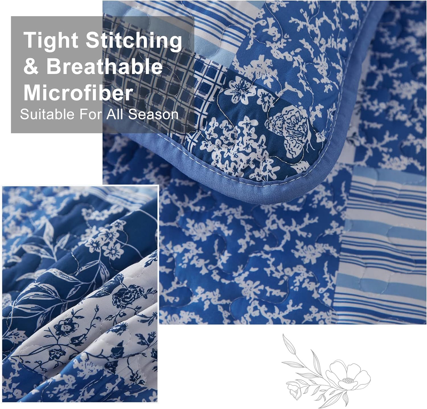 Mybedsoul Blue Boho Quilt Set King Size,3 Pieces Plaid Floral Bedspread Coverlet Set for All Season,Patchwork Reversible Bedding Set King 90"x104" - Grand Goldman