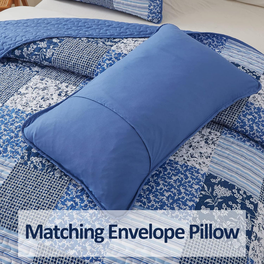 Mybedsoul Blue Boho Quilt Set King Size,3 Pieces Plaid Floral Bedspread Coverlet Set for All Season,Patchwork Reversible Bedding Set King 90"x104" - Grand Goldman