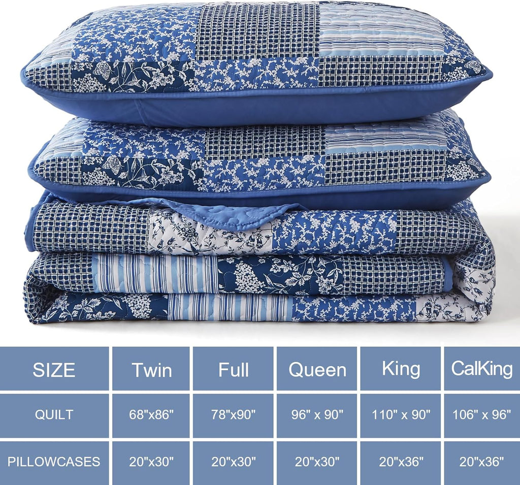 Mybedsoul Blue Boho Quilt Set King Size,3 Pieces Plaid Floral Bedspread Coverlet Set for All Season,Patchwork Reversible Bedding Set King 90"x104" - Grand Goldman