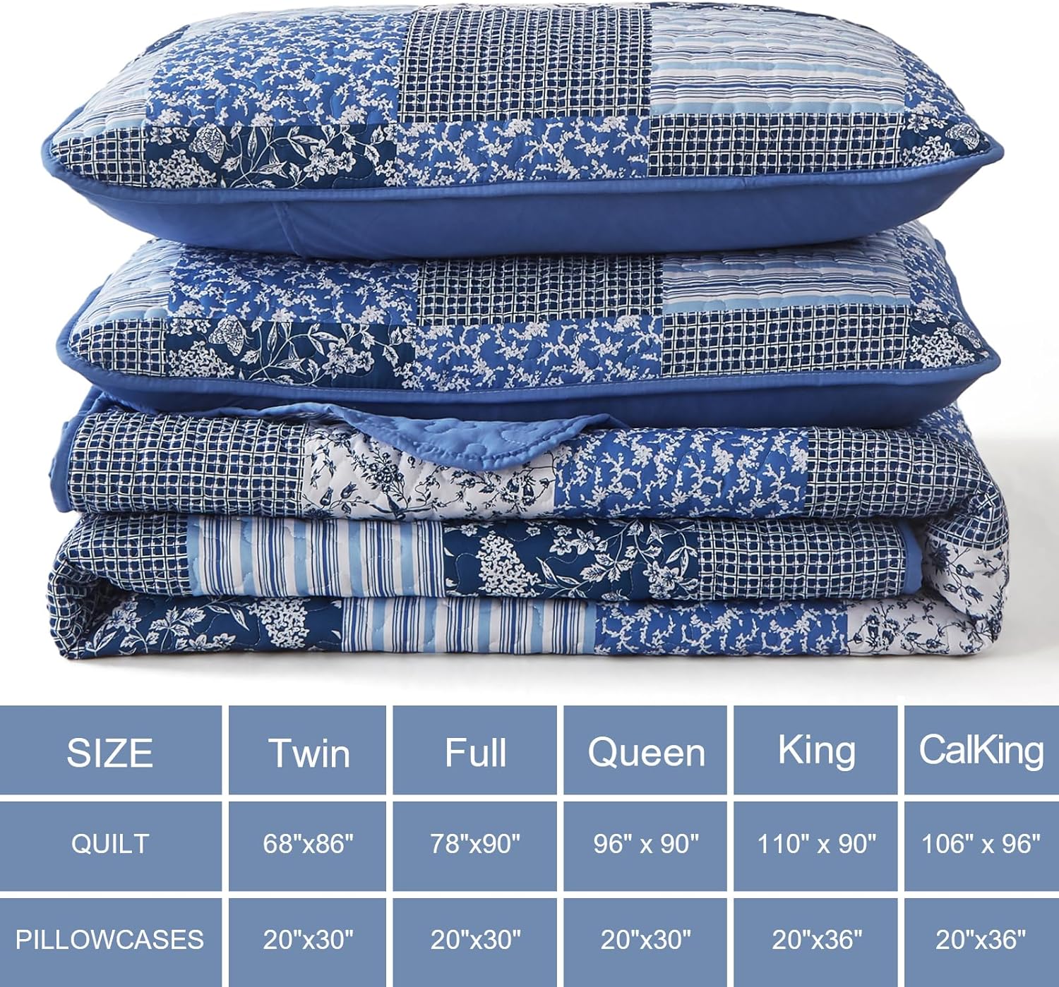 Mybedsoul Blue Boho Quilt Set King Size,3 Pieces Plaid Floral Bedspread Coverlet Set for All Season,Patchwork Reversible Bedding Set King 90"x104" - Grand Goldman