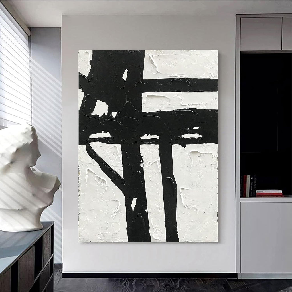 NANKAI Hand-Painted Black and White Abstract Wall Art Contemporary Minimalist Oil Painting Art 45x30 inch Large Painting Art for Home Walls Living Room Hallway Wall Decoration - Grand Goldman