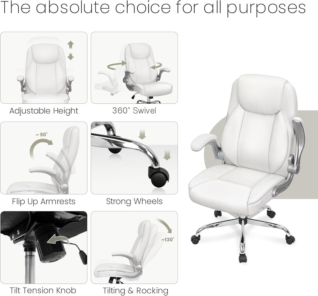 NEO CHAIR Ergonomic Office Chair PU Leather Executive Chair Padded Flip Up Armrest Computer Chair Adjustable Height High Back Lumbar Support Wheels Swivel for Gaming Desk Chair (White) - Grand Goldman