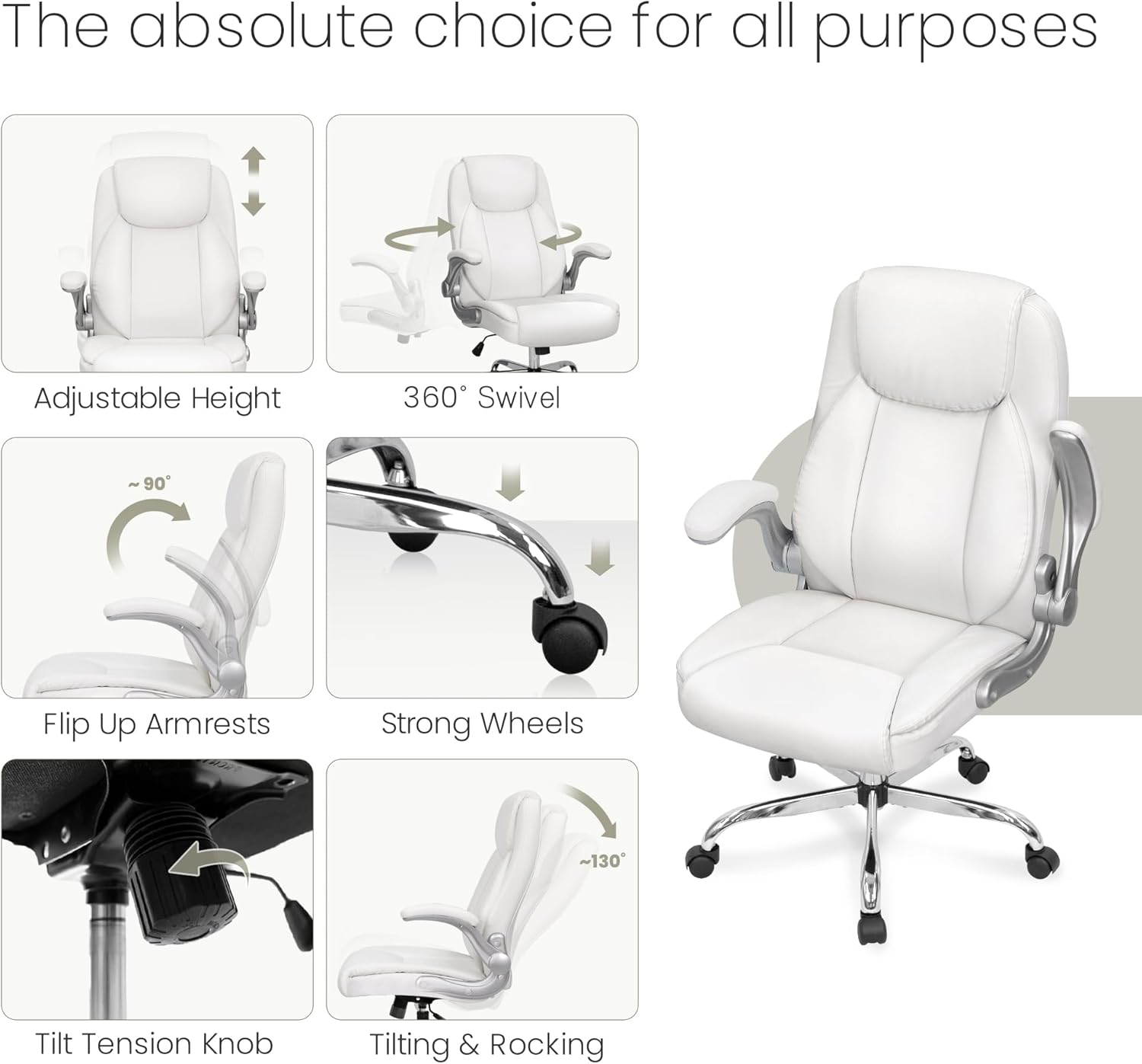 NEO CHAIR Ergonomic Office Chair PU Leather Executive Chair Padded Flip Up Armrest Computer Chair Adjustable Height High Back Lumbar Support Wheels Swivel for Gaming Desk Chair (White) - Grand Goldman