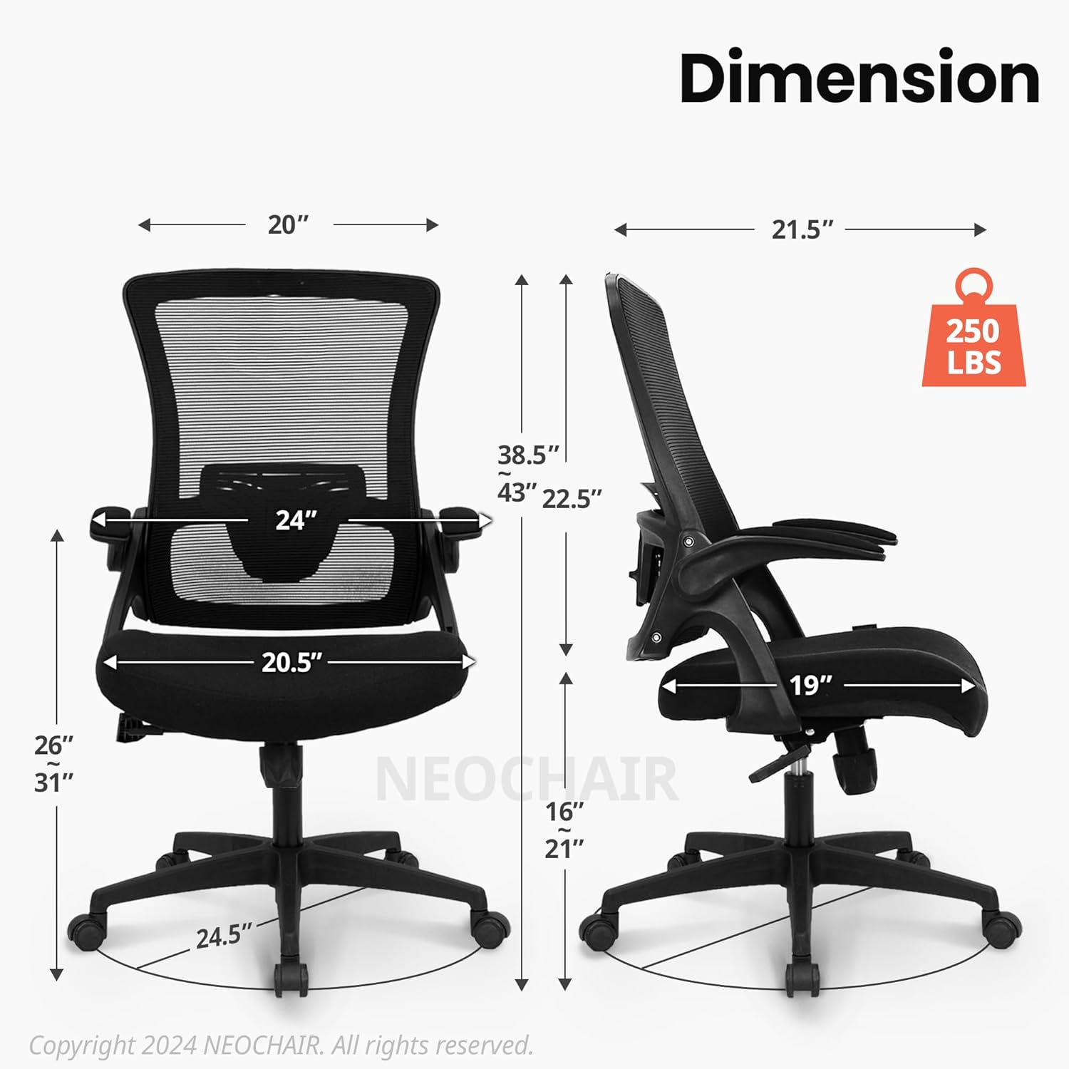 NEO CHAIR High Back Mesh Chair Adjustable Height and Ergonomic Design Home Office Computer Desk Chair Executive Lumbar Support Padded Flip-up Armrest Swivel Chair (Black) - Grand Goldman