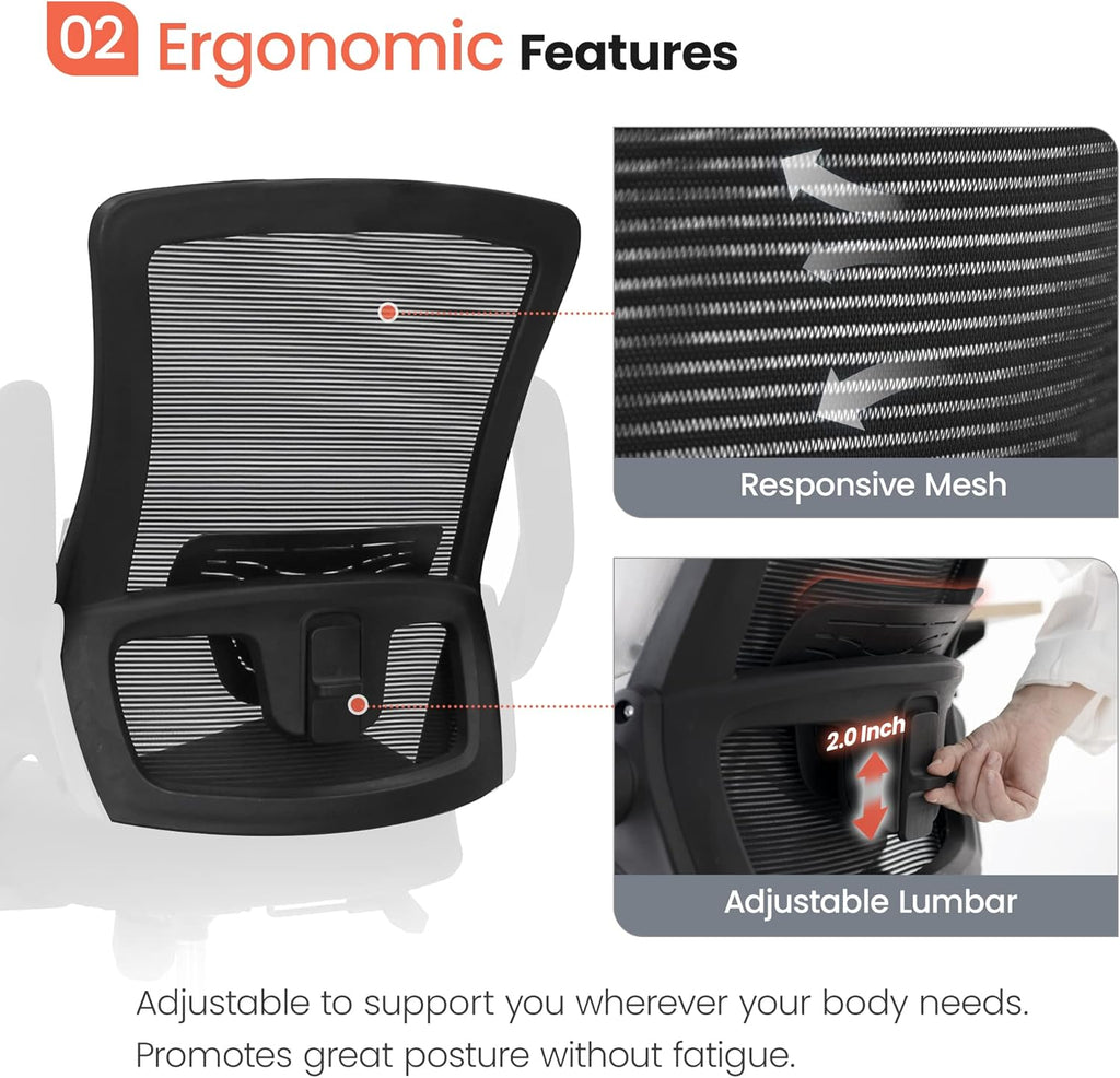 NEO CHAIR High Back Mesh Chair Adjustable Height and Ergonomic Design Home Office Computer Desk Chair Executive Lumbar Support Padded Flip-up Armrest Swivel Chair (Black) - Grand Goldman