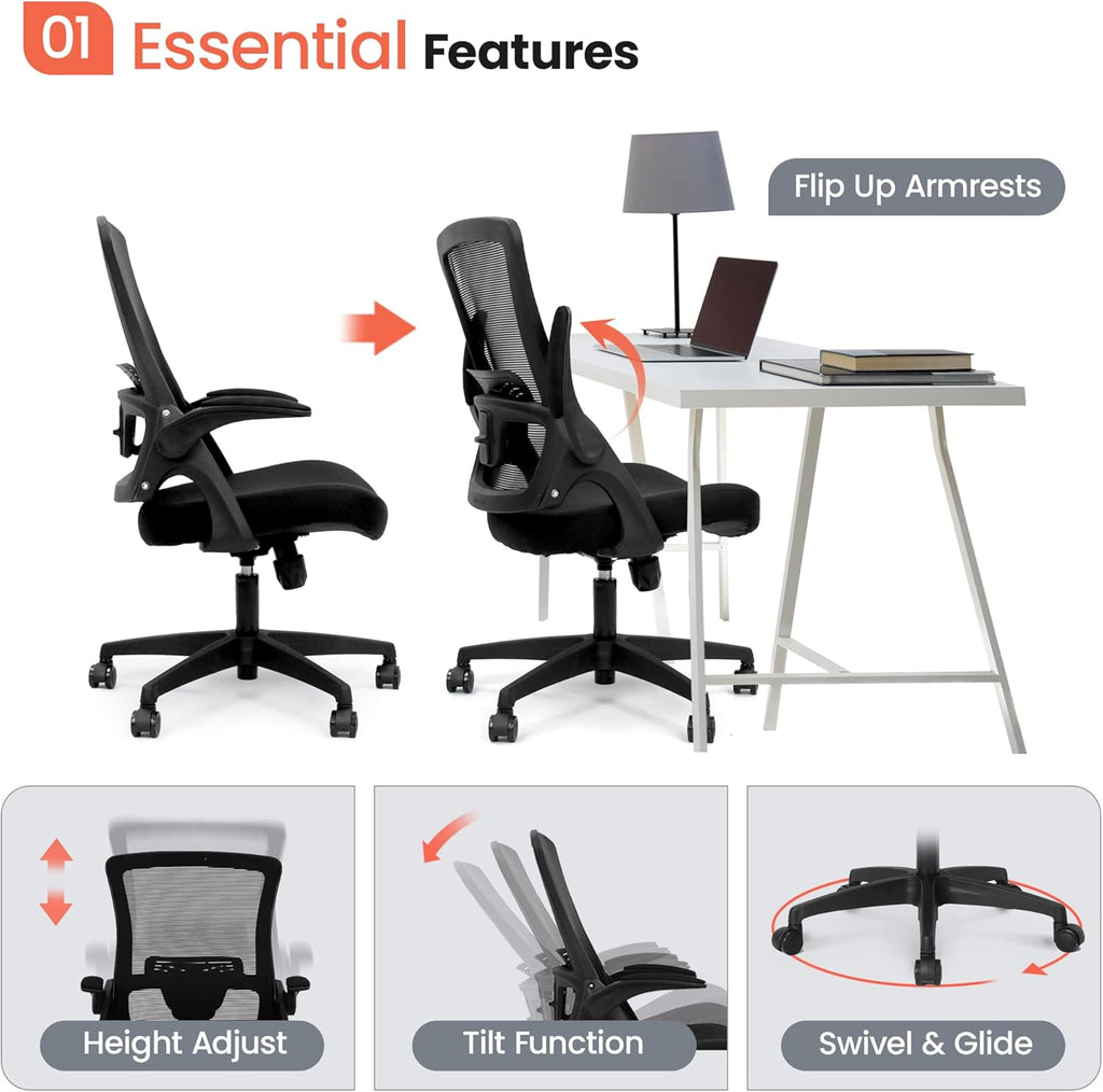 NEO CHAIR High Back Mesh Chair Adjustable Height and Ergonomic Design Home Office Computer Desk Chair Executive Lumbar Support Padded Flip-up Armrest Swivel Chair (Black) - Grand Goldman