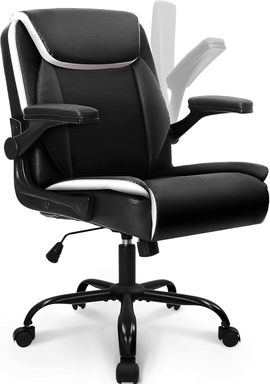 NEO CHAIR Office Chair Adjustable Desk Chair Mid Back Executive Comfortable PU Leather Ergonomic Gaming Back Support Home Computer with Flip-up Armrest Swivel Wheels (Jet Black) - Grand Goldman