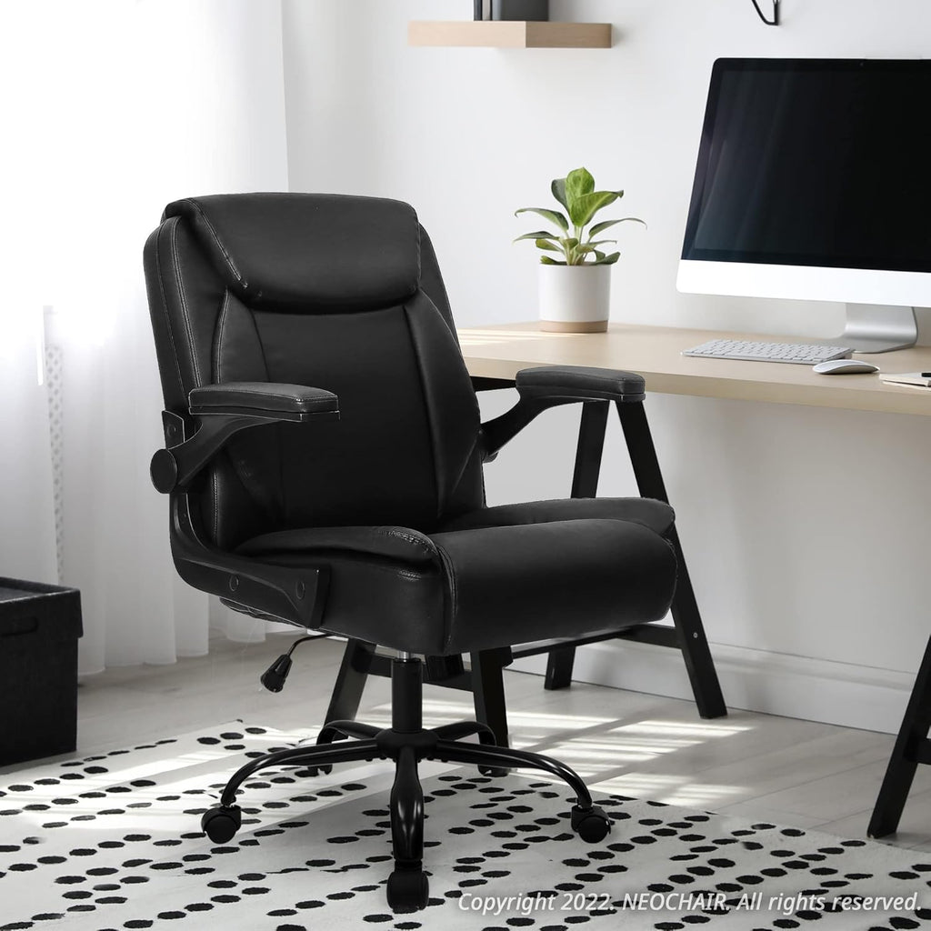 NEO CHAIR Office Chair Adjustable Desk Chair Mid Back Executive Comfortable PU Leather Ergonomic Gaming Back Support Home Computer with Flip-up Armrest Swivel Wheels (Jet Black) - Grand Goldman