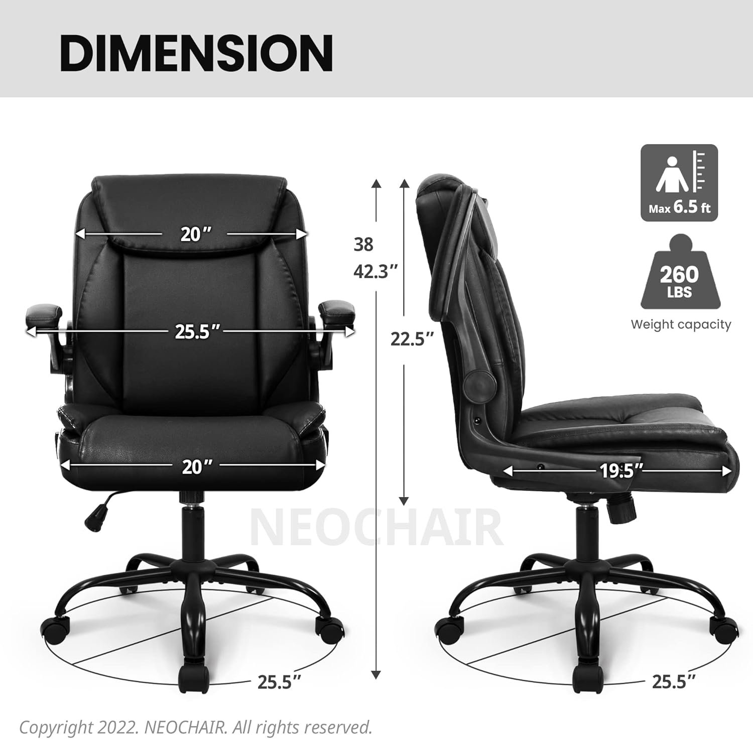 NEO CHAIR Office Chair Adjustable Desk Chair Mid Back Executive Comfortable PU Leather Ergonomic Gaming Back Support Home Computer with Flip-up Armrest Swivel Wheels (Jet Black) - Grand Goldman