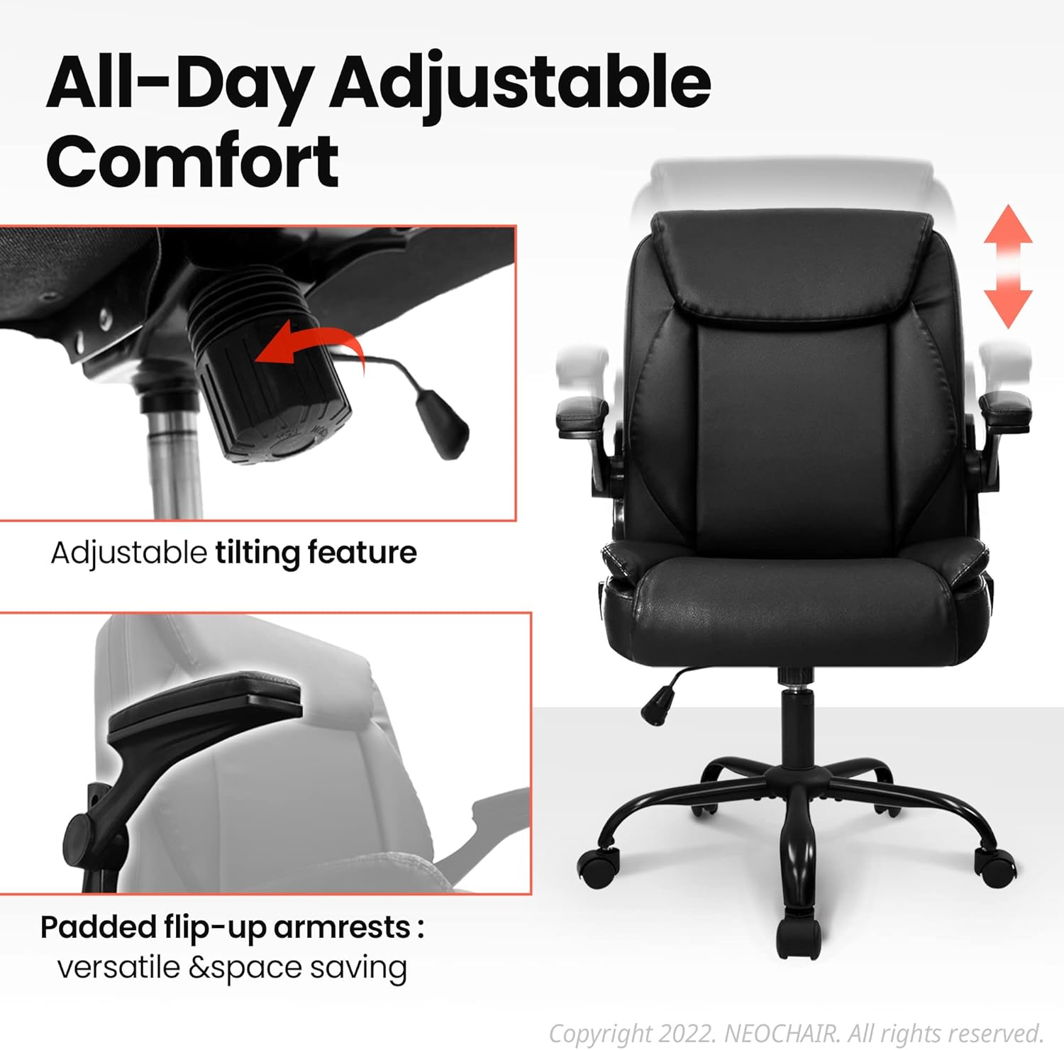 NEO CHAIR Office Chair Adjustable Desk Chair Mid Back Executive Comfortable PU Leather Ergonomic Gaming Back Support Home Computer with Flip-up Armrest Swivel Wheels (Jet Black) - Grand Goldman