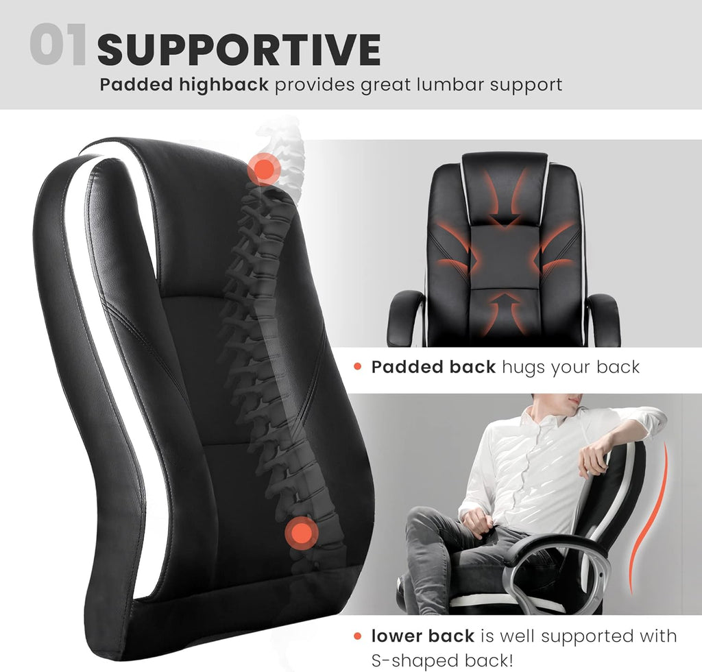 NEO CHAIR Office Chair Computer Desk Chair Gaming - Ergonomic High Back Cushion Lumbar Support with Wheels Comfortable Black Leather Racing Seat Adjustable Swivel Rolling Home Executive - Grand Goldman