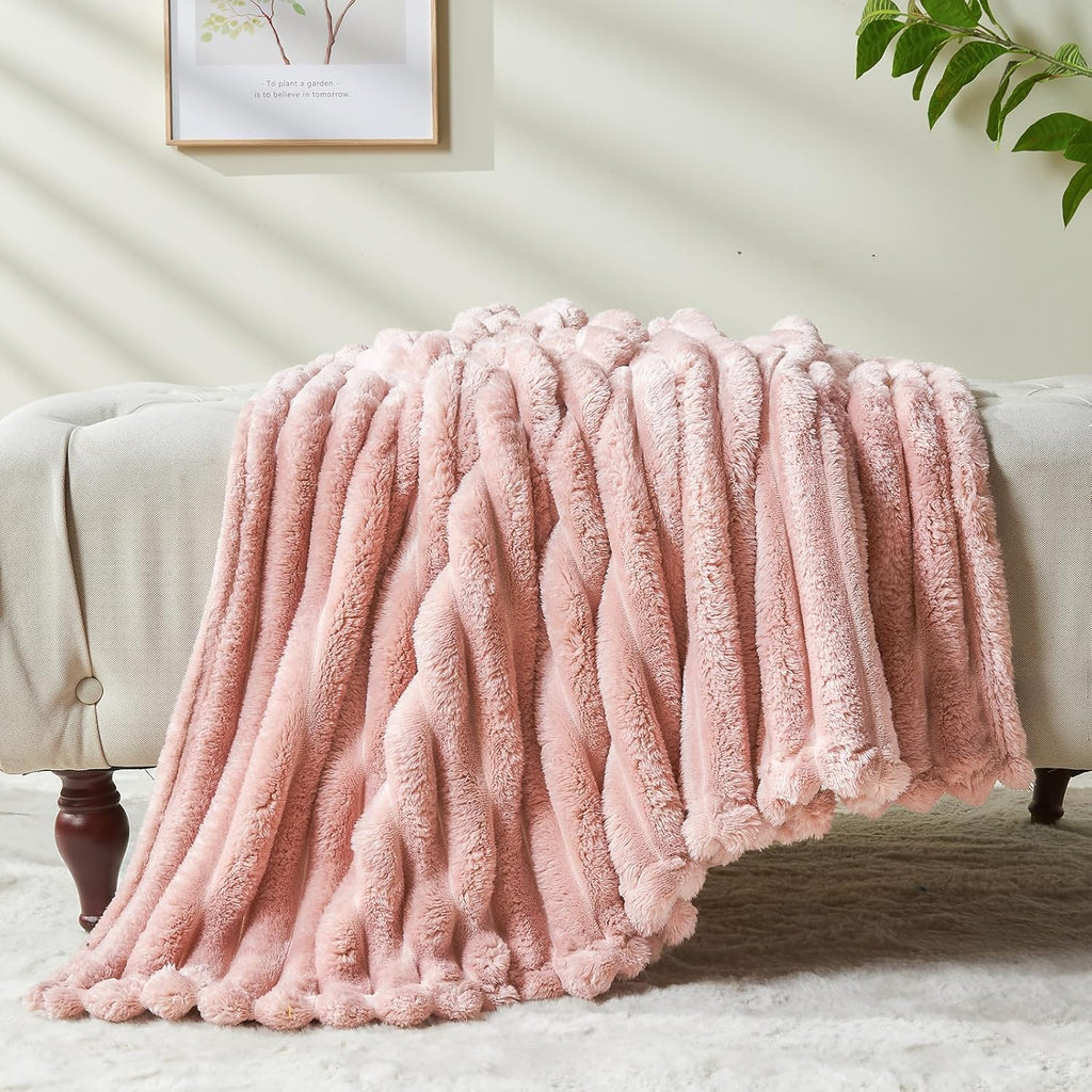 NEWCOSPLAY Super Soft Throw Blanket Pink Premium Silky Flannel Fleece 3D Ribbed Jacquard Lightweight Bed Blanket All Season Use (Pink Ribbed, Throw(50"x60")) - Grand Goldman